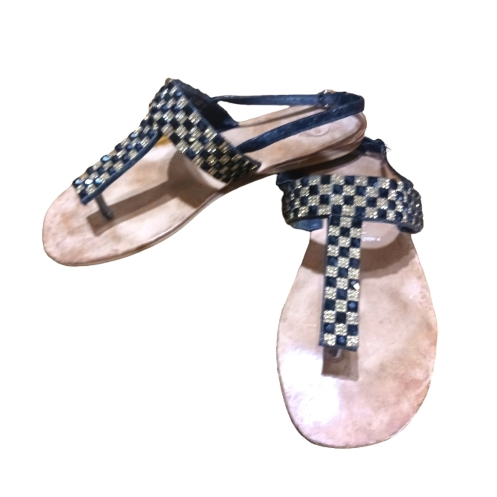 Jeffrey Campbell Black and Gold Woven Thong Sandals